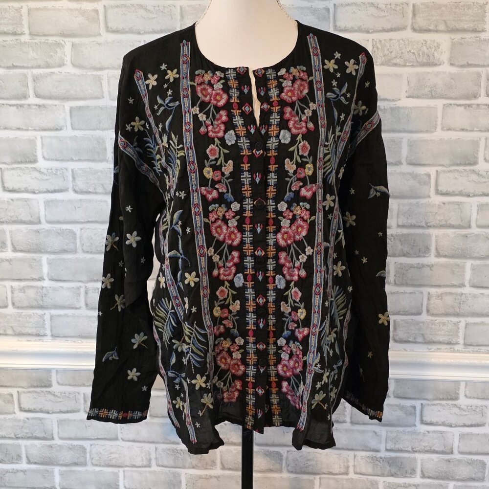 Johnny Was Garden Embroidered Stripe Blouse Black M Whimsigoth Elegant Classic